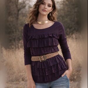 NWT Casual Express Plum Purple Ruffle Lace Curtain Boat Neck Blouse Top
